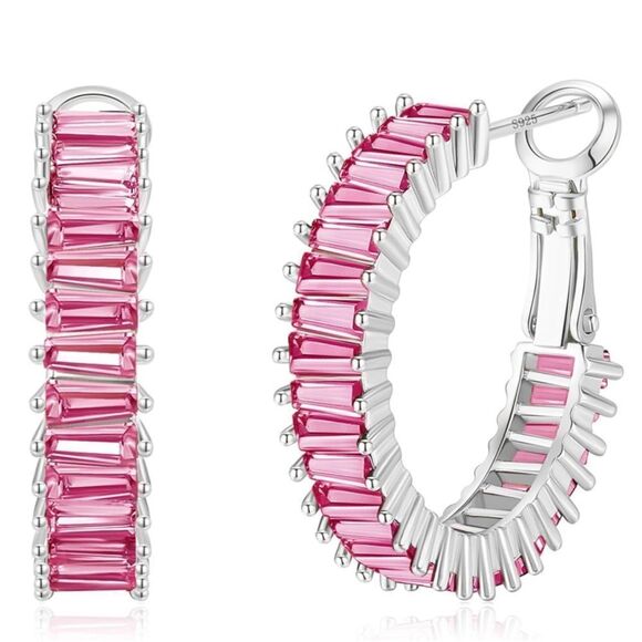 14K White Gold with Rosy Pink Sapphire Cubic Zirconia Hoop Leverback Earrings - Picture 1 of 7